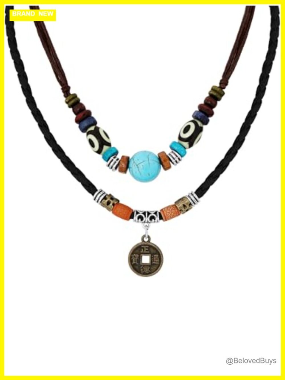 Boho Layered Wood Bead Choker Necklace with Coin Charm Faux Leather
